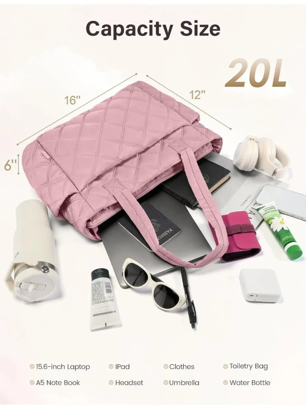 👜Women's Mauve Pink Puffer Tote Bags Lightweight Quilted Work For Travel